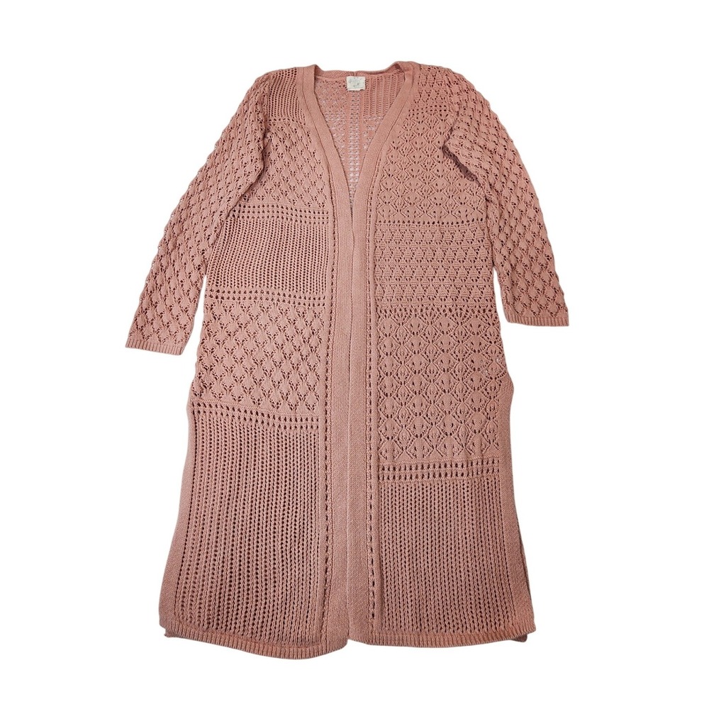 Hippie Rose Open Cardigan M‎ Pink Boho Longline Crocheted Coastal Grandmother
